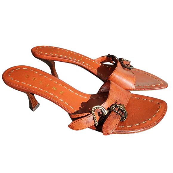 Celine Orange Kitten Heel Mules Buckle Detail Gold Stitching - Size 36.5 - Picture 1 of 9